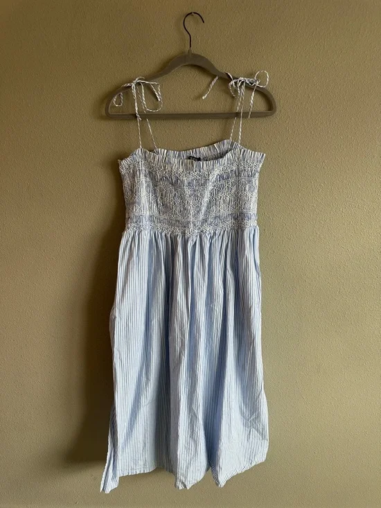 J. Crew Paloma Blue Pinstripe Smocked Maxi Dress Large - Picture 2 of 13